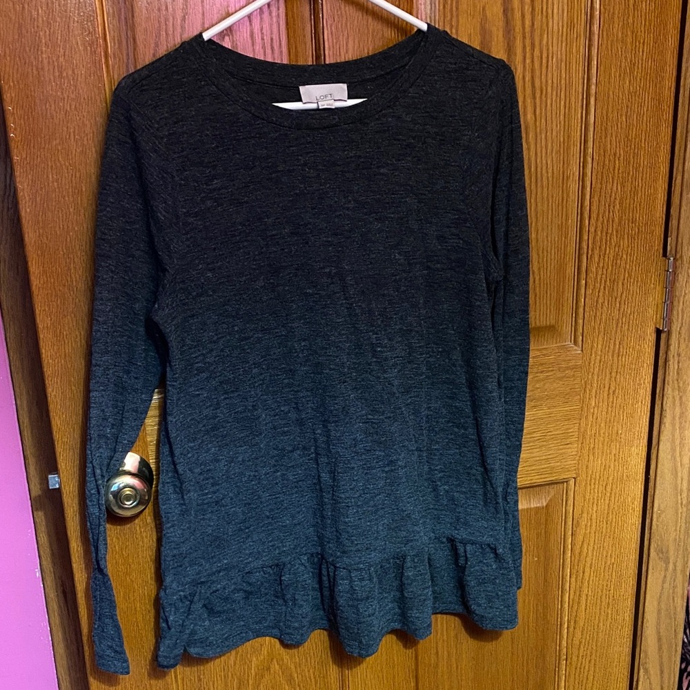 LOFT Charcoal Long Sleeve Top with Ruffle Detail